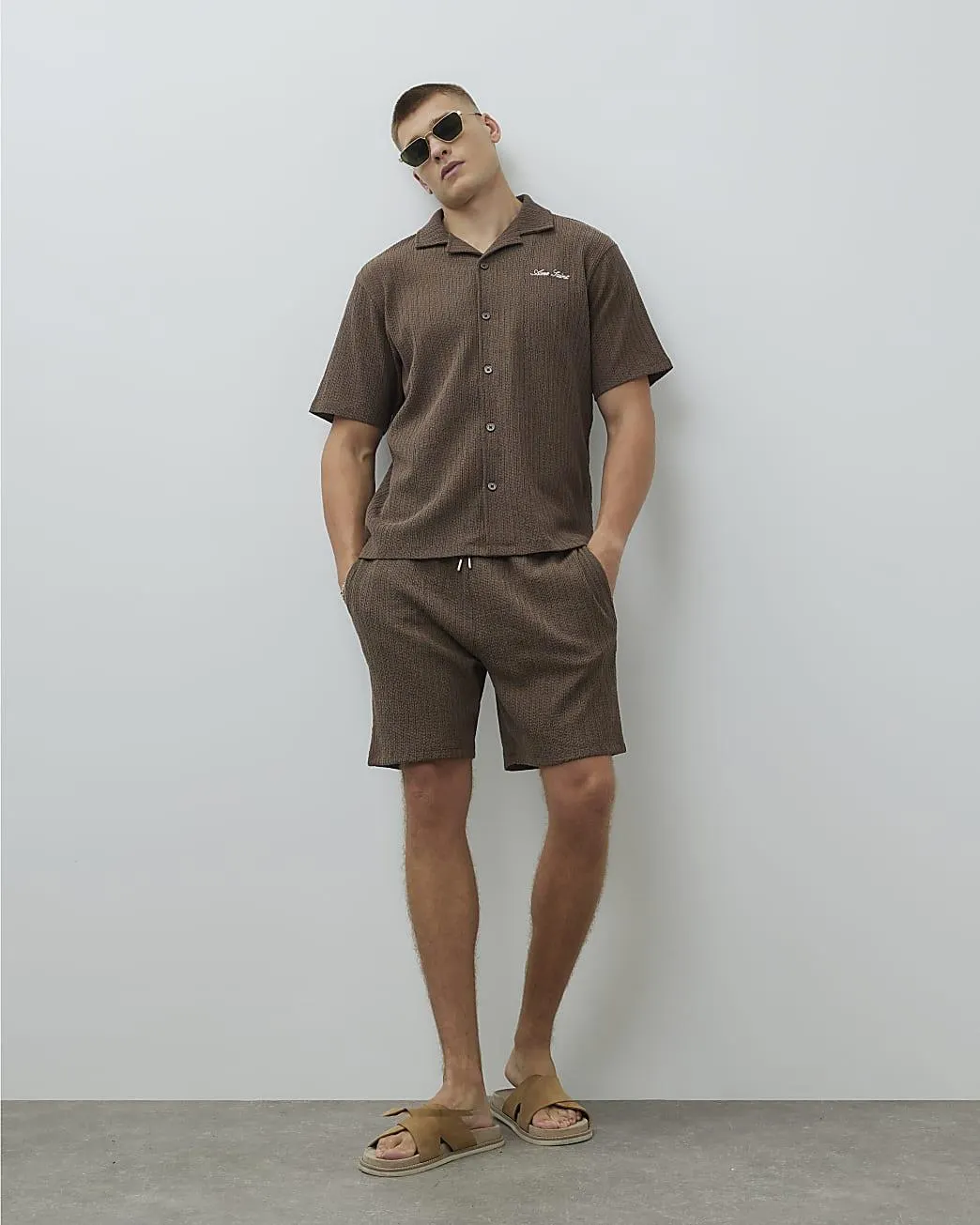 Brown Regular Fit Plisse Shorts