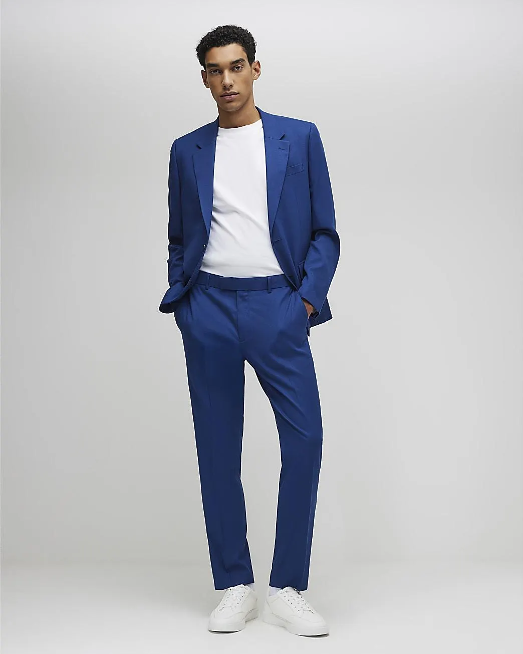 Blue Slim Fit Textured Suit Trousers