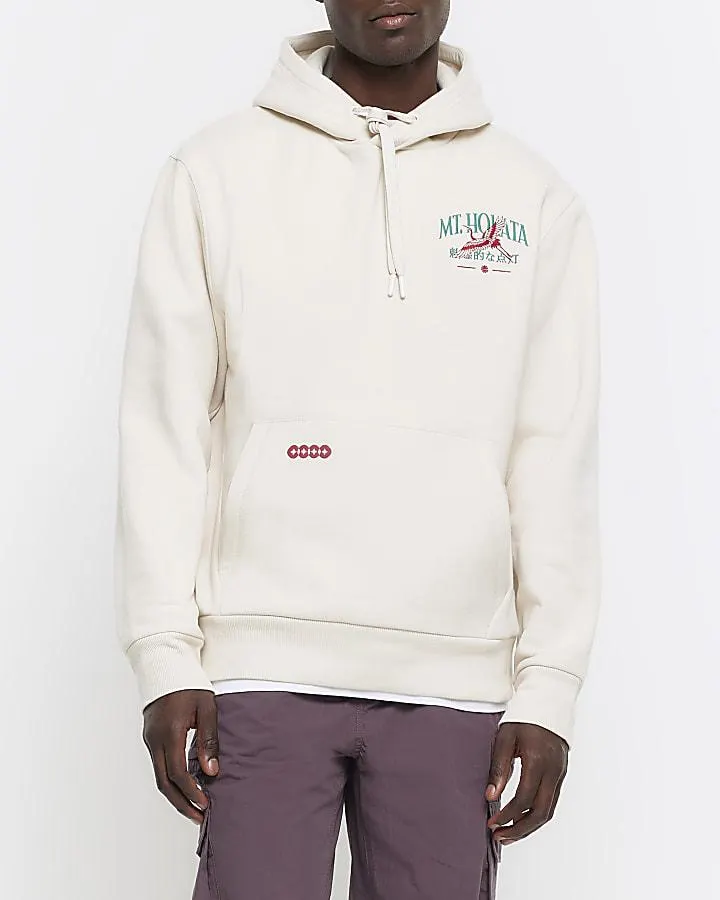 Ecru regular fit Japanese graphic hoodie