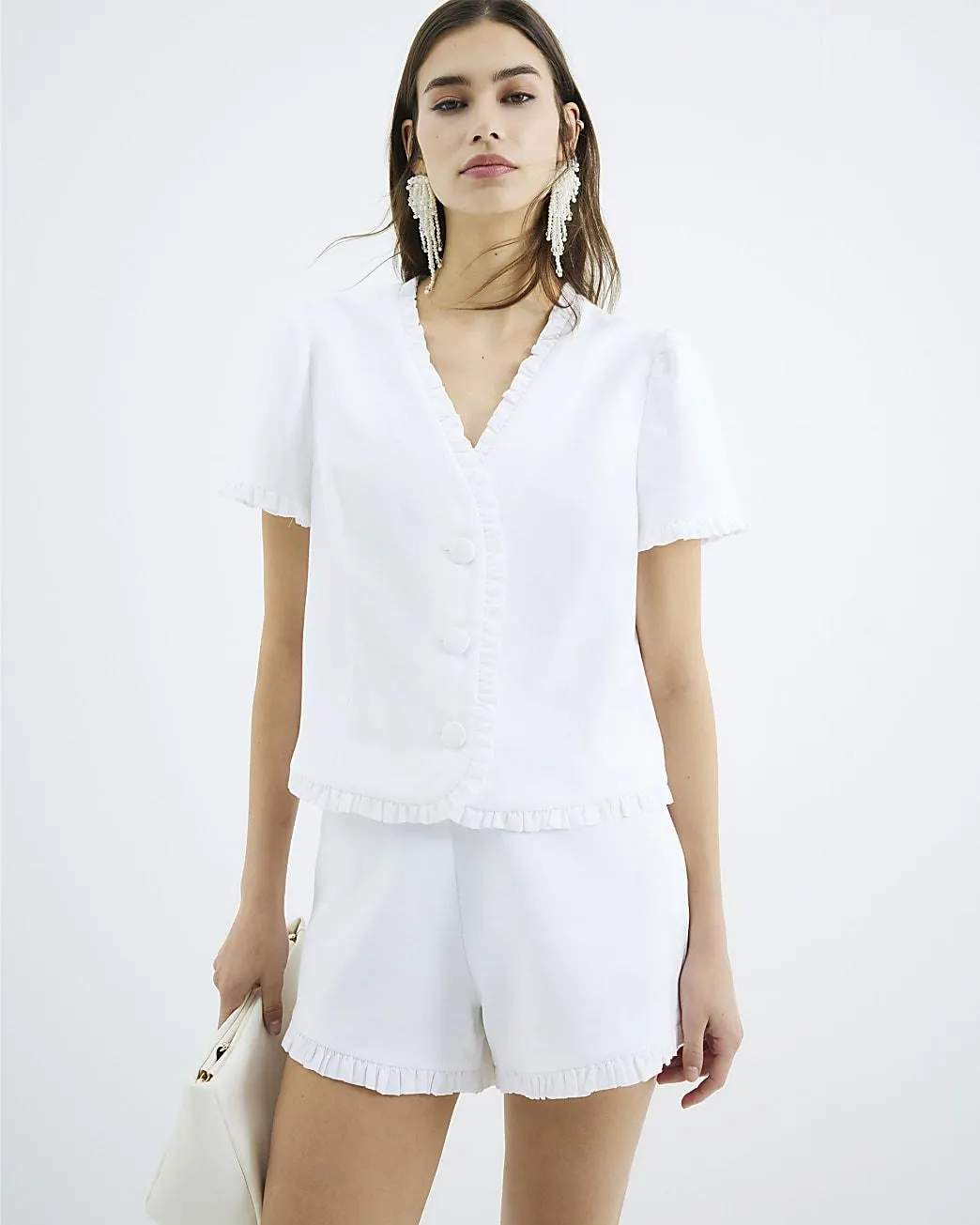 White Frill Linen Blend Tailored Top