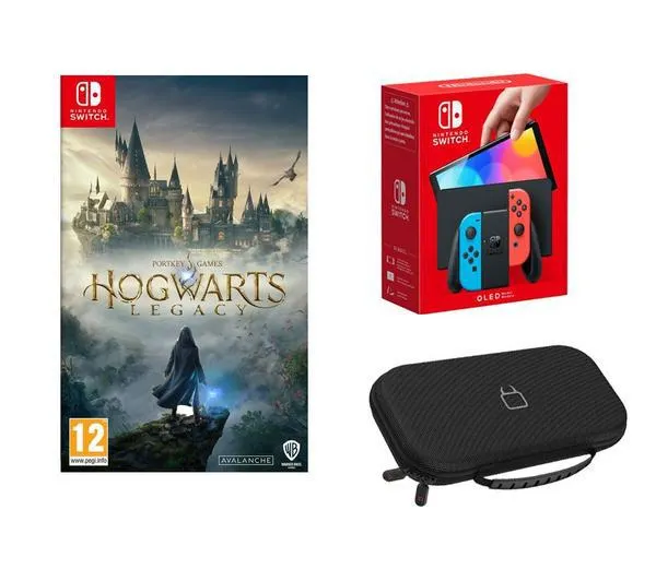 NINTENDO Switch OLED (Neon Red & Blue), Hogwarts Legacy & Case (Black) Bundle
