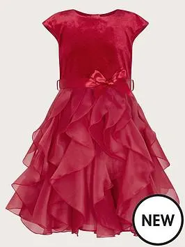 Girls Velvet Cancan Ruffle Dress - Red