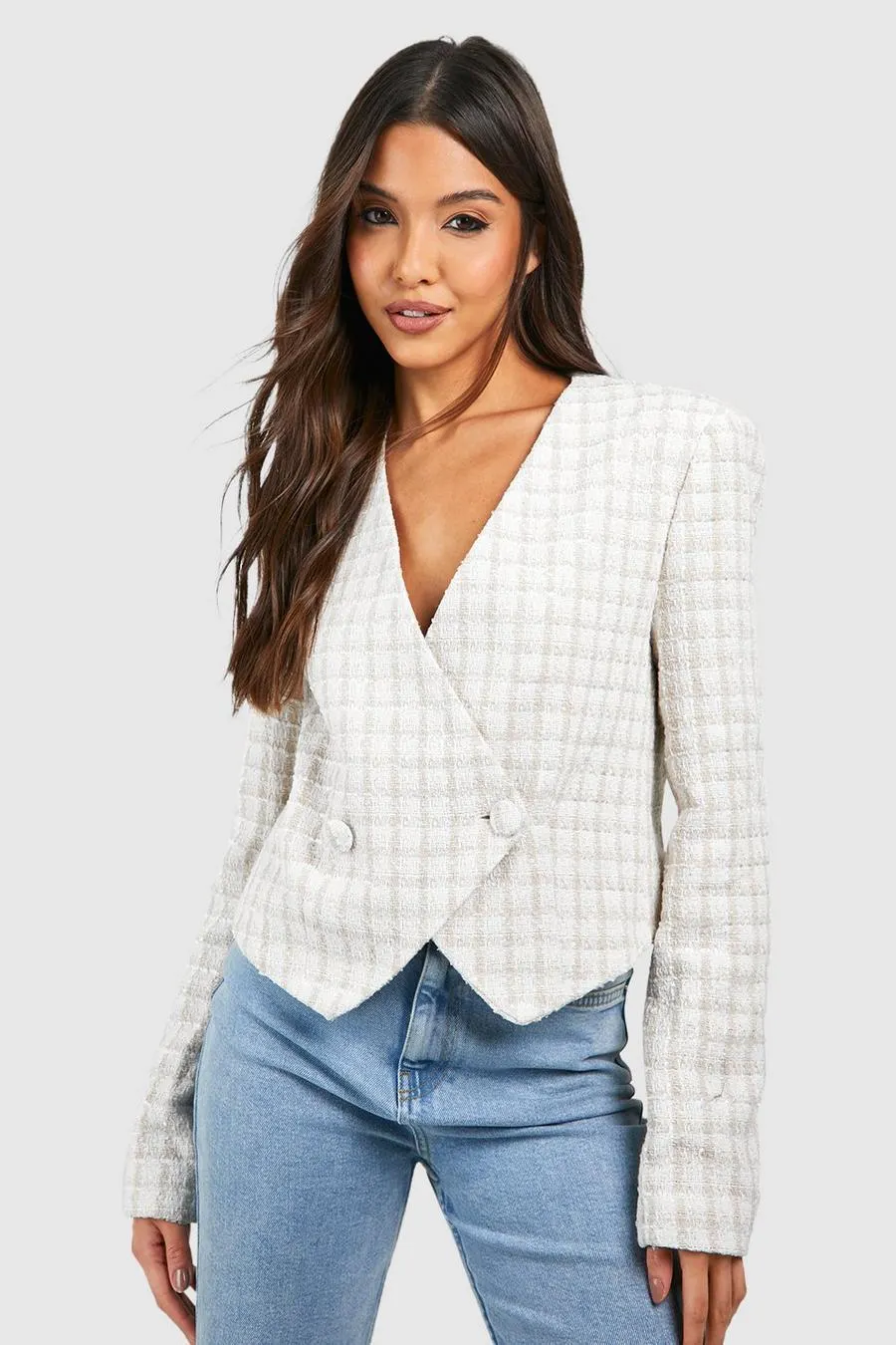 Boucle Dipped Hem Cropped Blazer