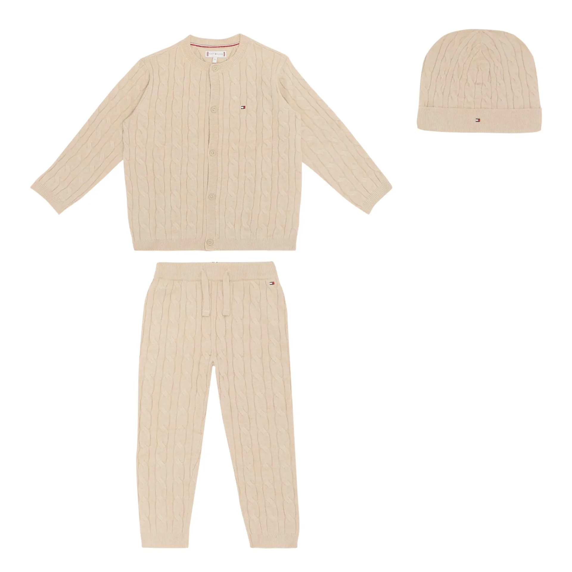 Flag Cable Knit Cardigan, Trousers & Hat Three-Piece Set