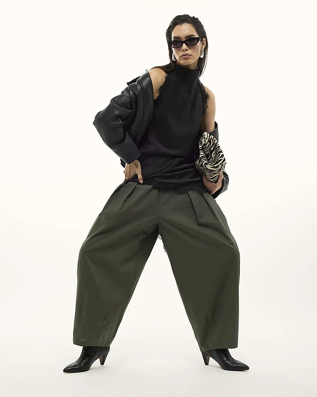 Khaki Poplin Barrel Leg Trousers