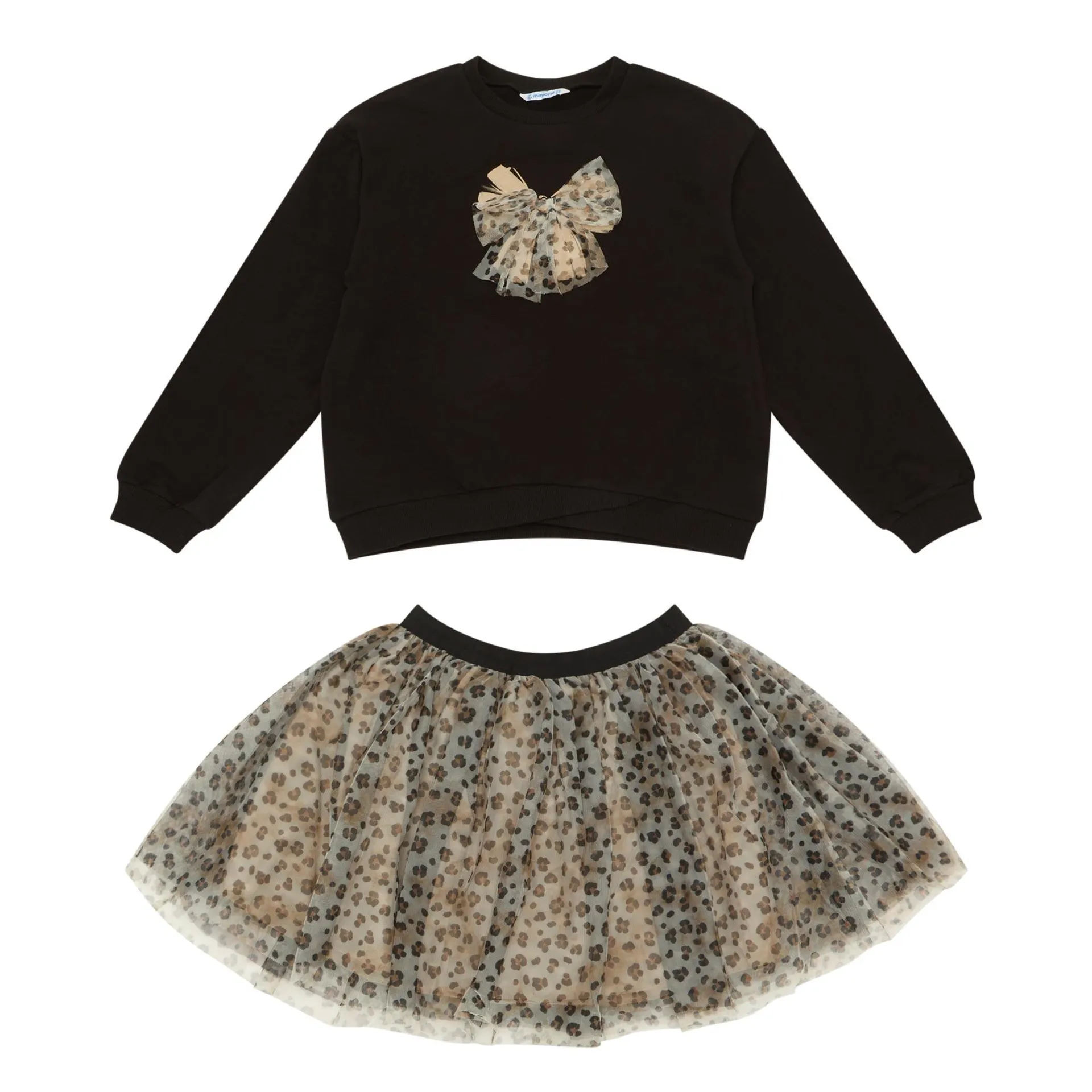 Two-Piece Bow-Detail Sweatshirt & Leopard Print Skirt Set