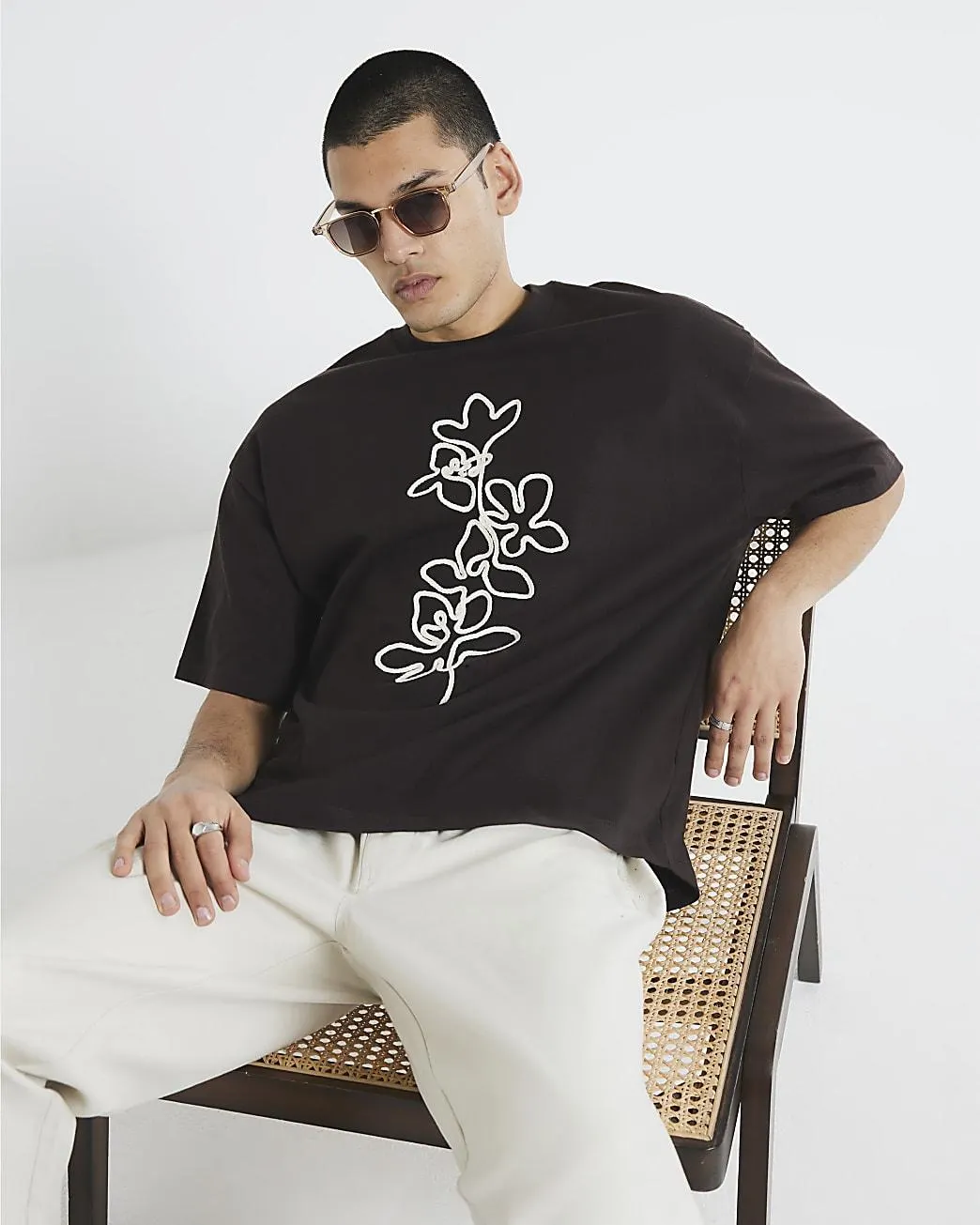 Brown Floral Embroidered T-Shirt