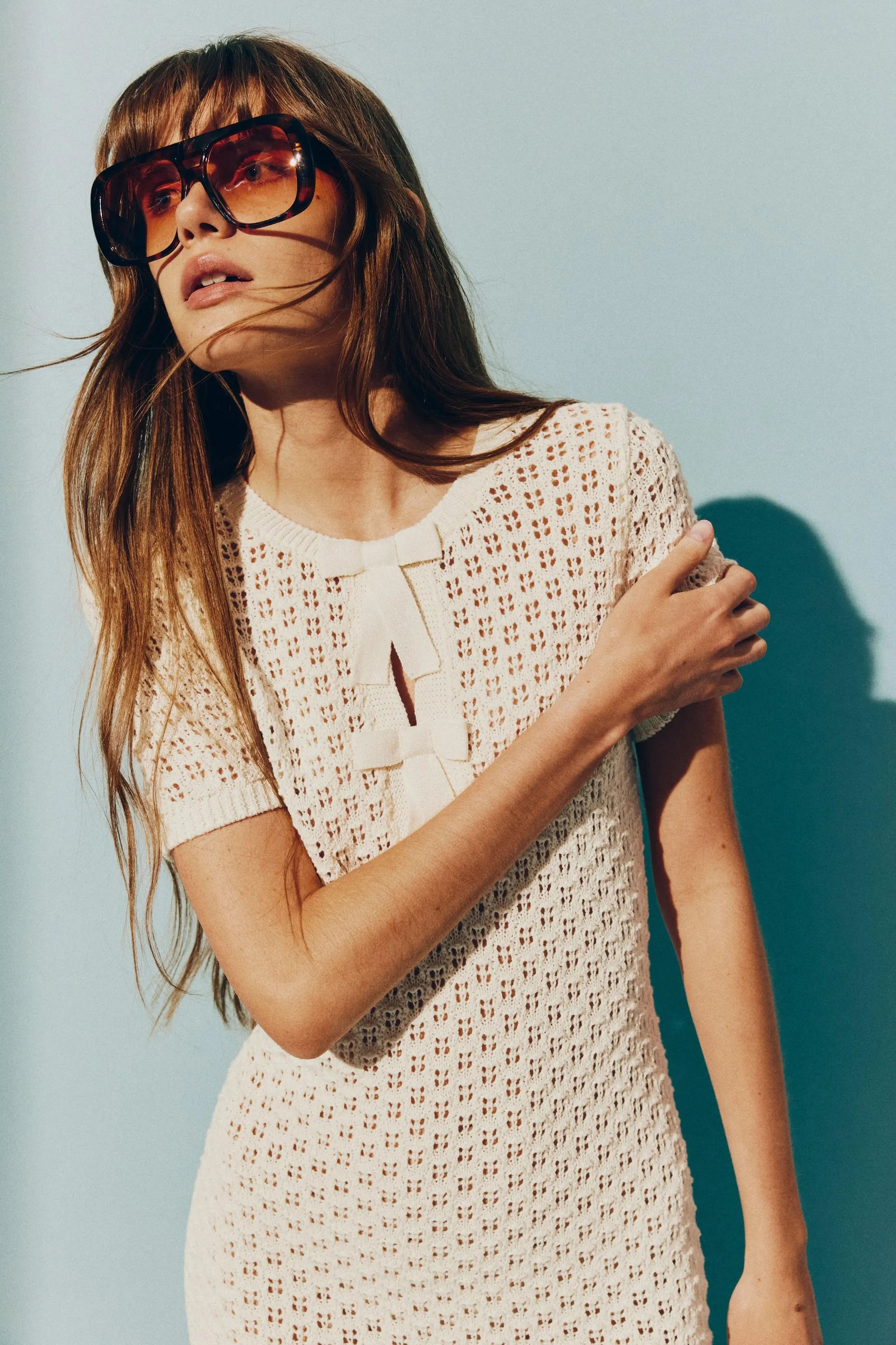 Bow-detail pointelle-knit dress