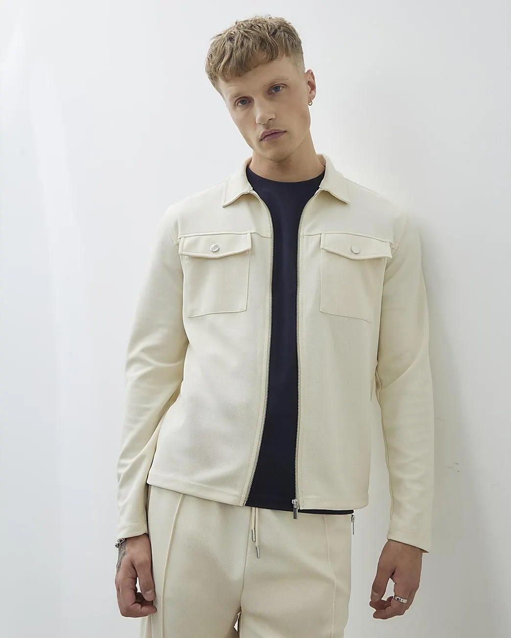 Cream Slim Fit Double Pocket Overshirt