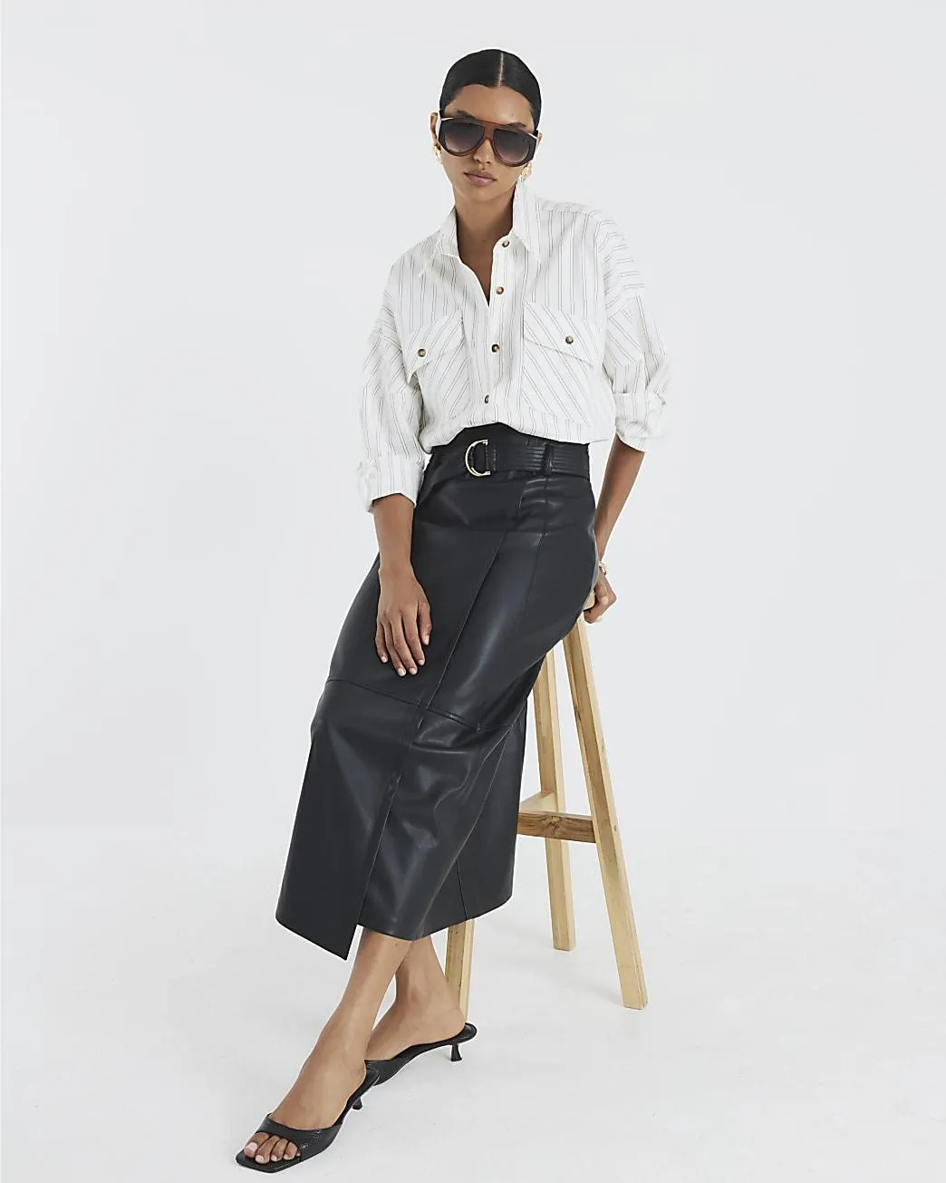 Black Faux Leather Belted Wrap Midi Skirt