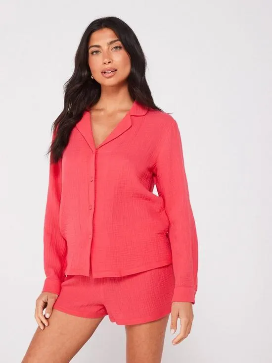 Crinkle Woven Short Revere Set - Pink