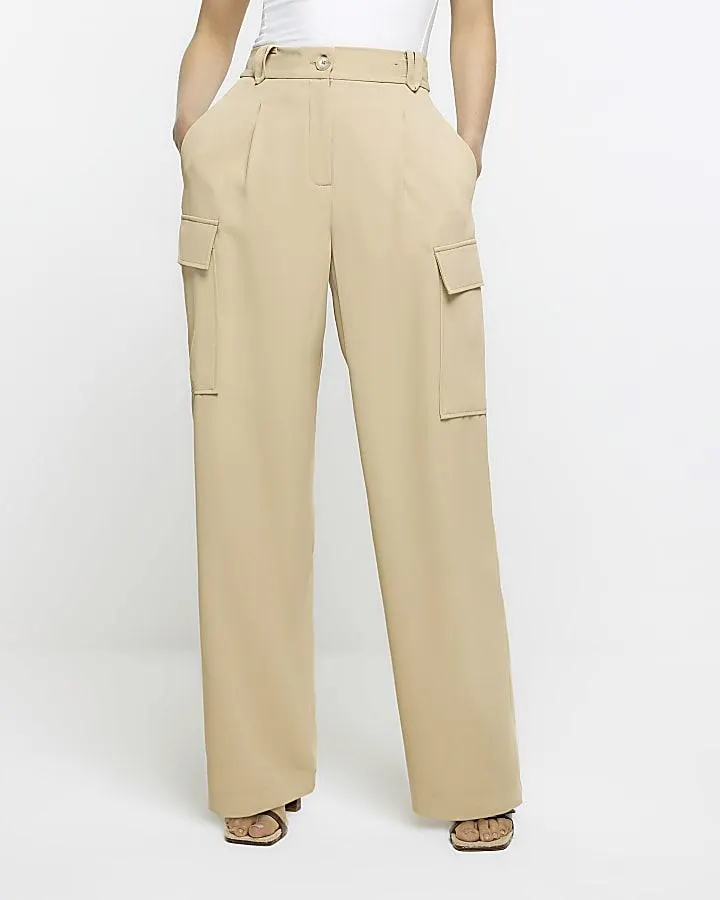 Beige wide leg cargo trousers
