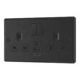 LAP 13A 2-Gang SP Switched Socket + 2.4A 12W 2-Outlet Type A & C USB Charger Matt Black with Colour-Matched Inserts