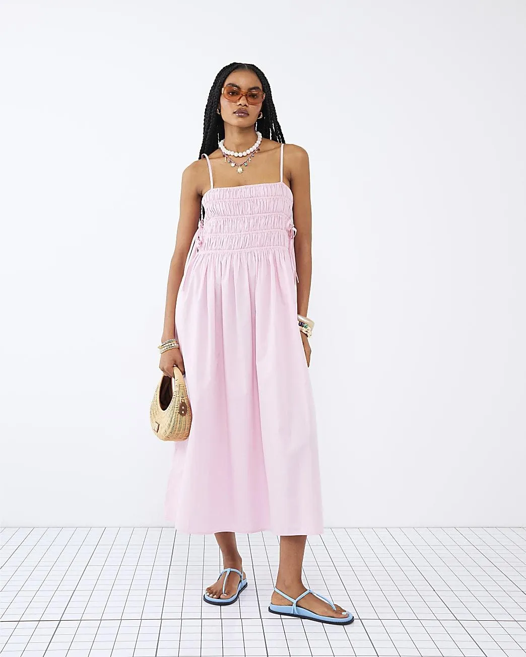 Pink Strappy Shirred Midi Dress