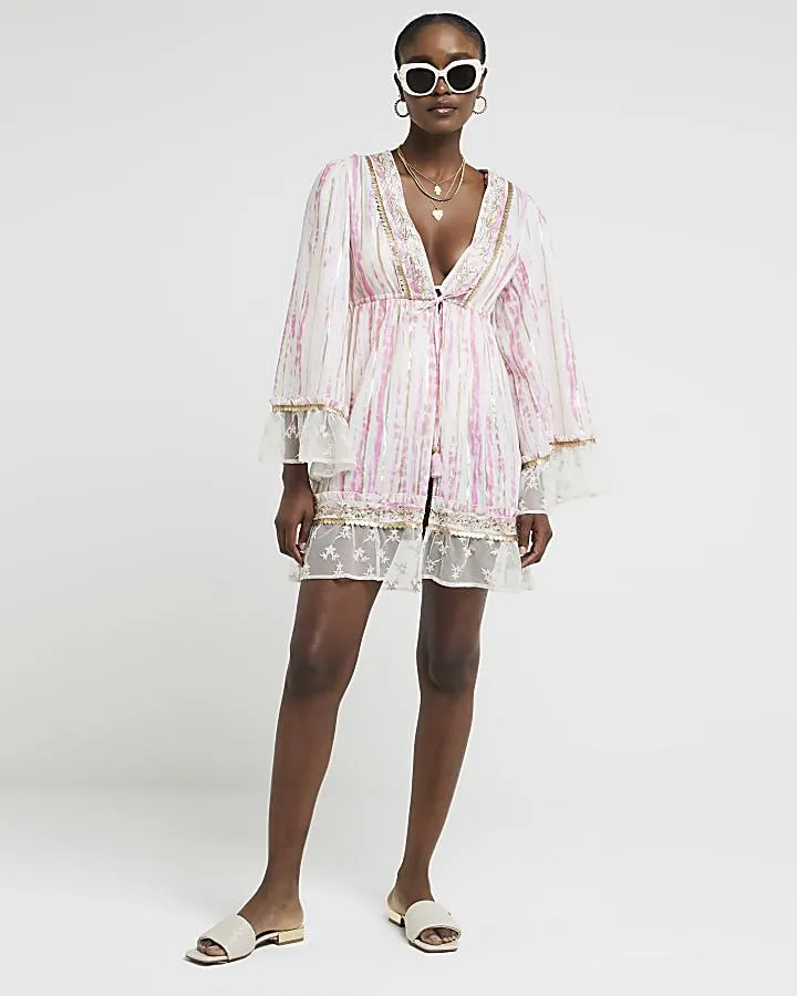 Pink stripe ruffle kimono