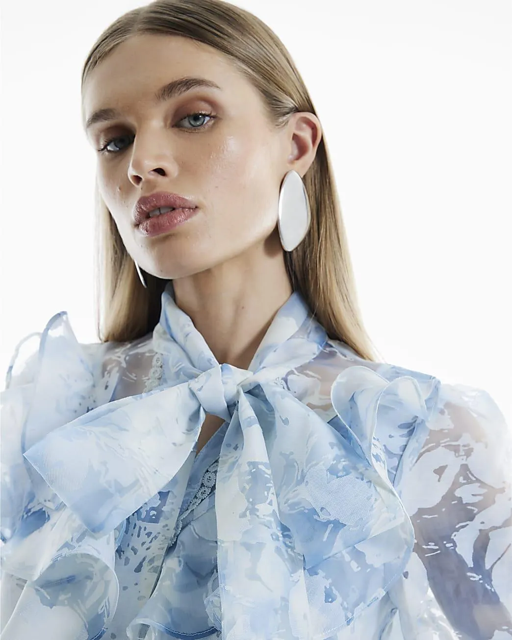 Blue Floral Print Tie Neck Shirt