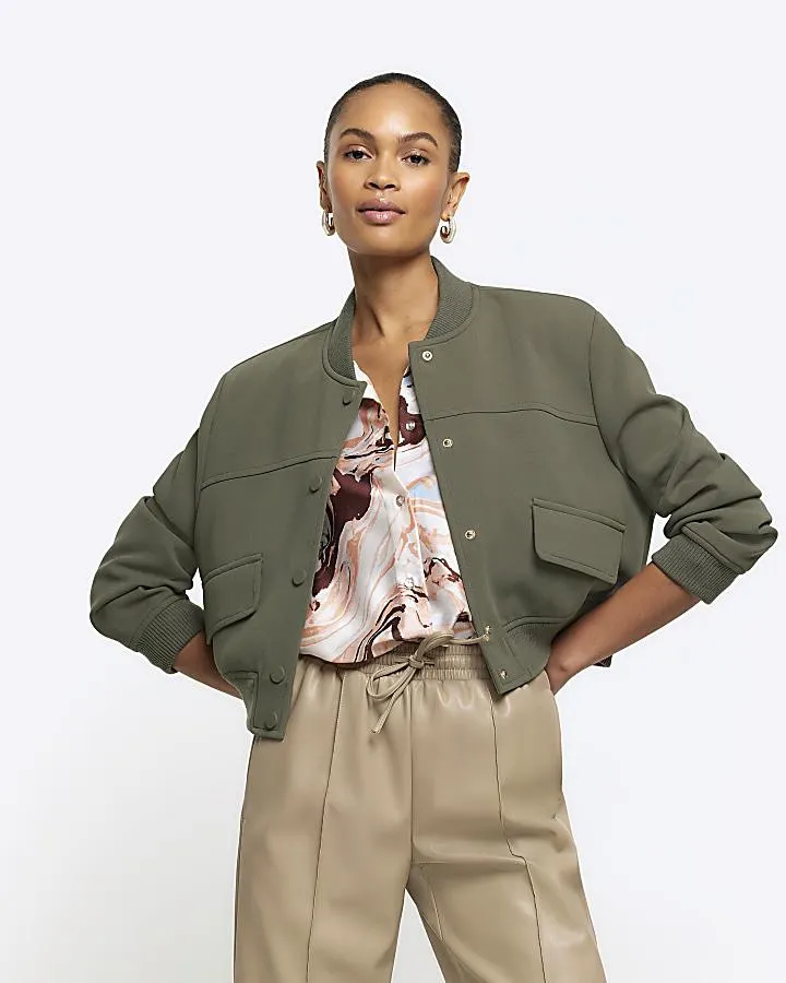 Khaki Tailored Crop Bomber Jacket