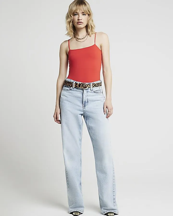 Red Ribbed Square Neck Bodysuit