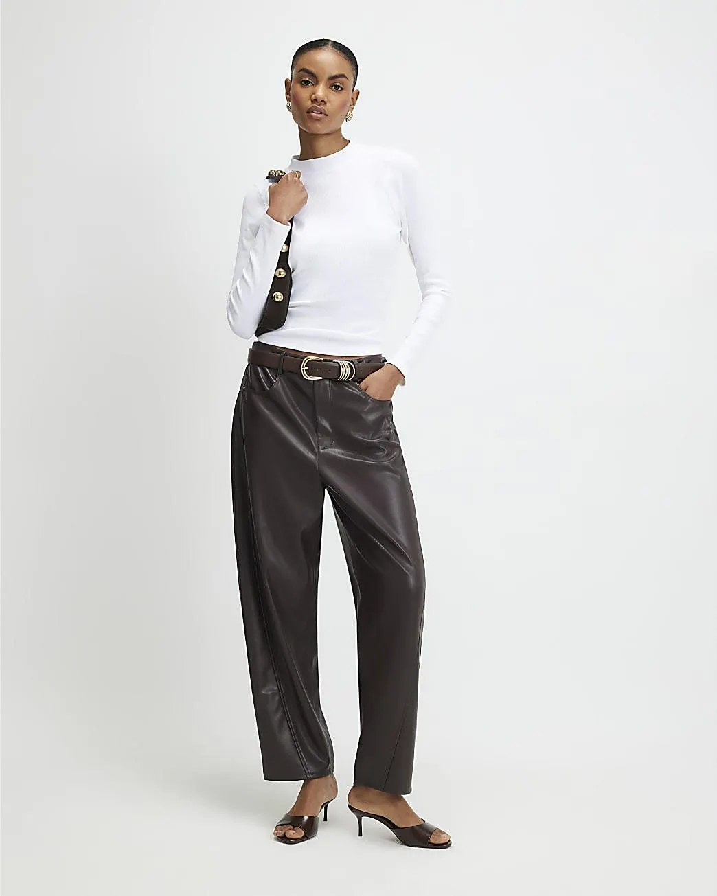 Brown Faux Leather Barrel Leg Trousers