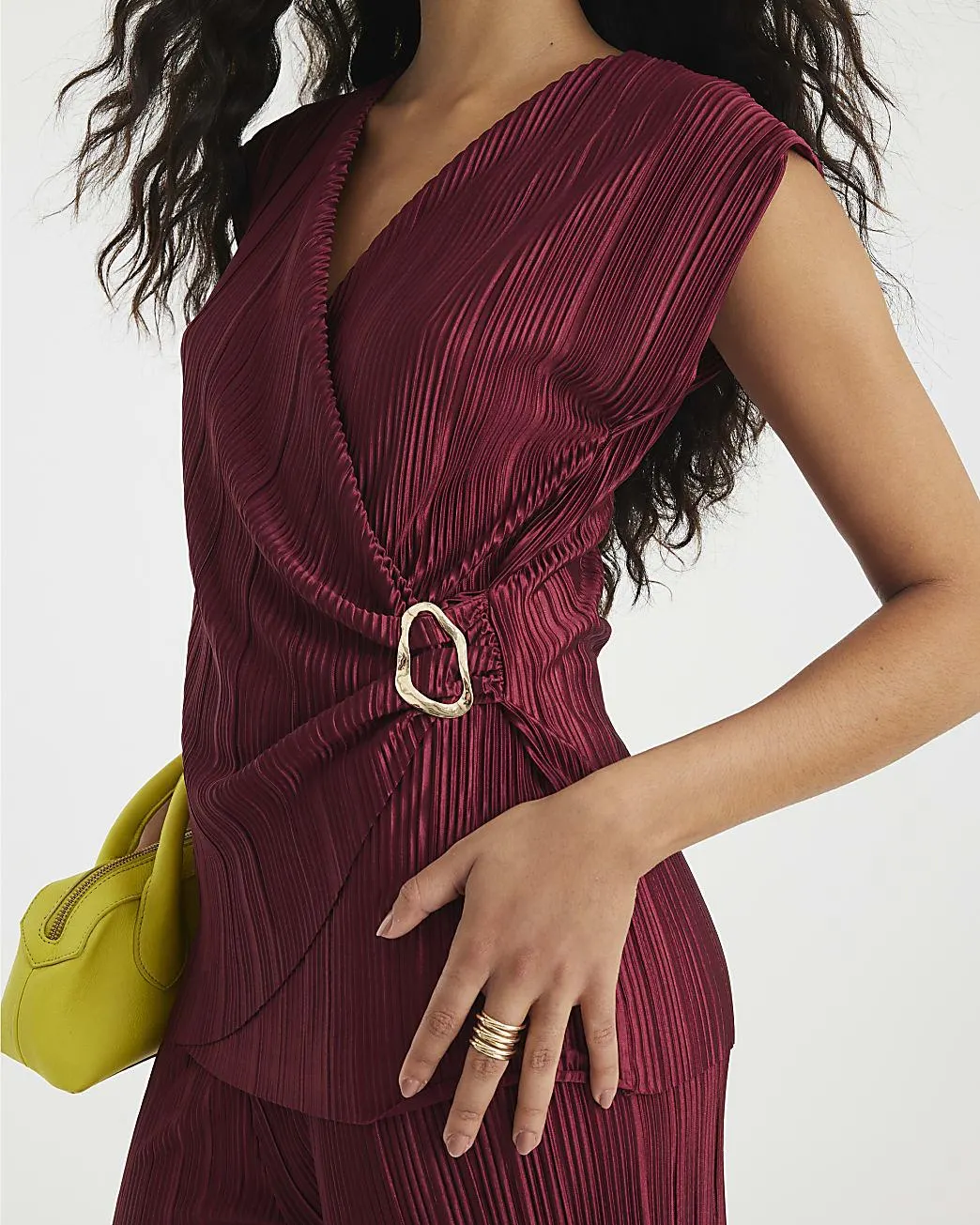 Red Plisse Sleeveless Gold Trim Top