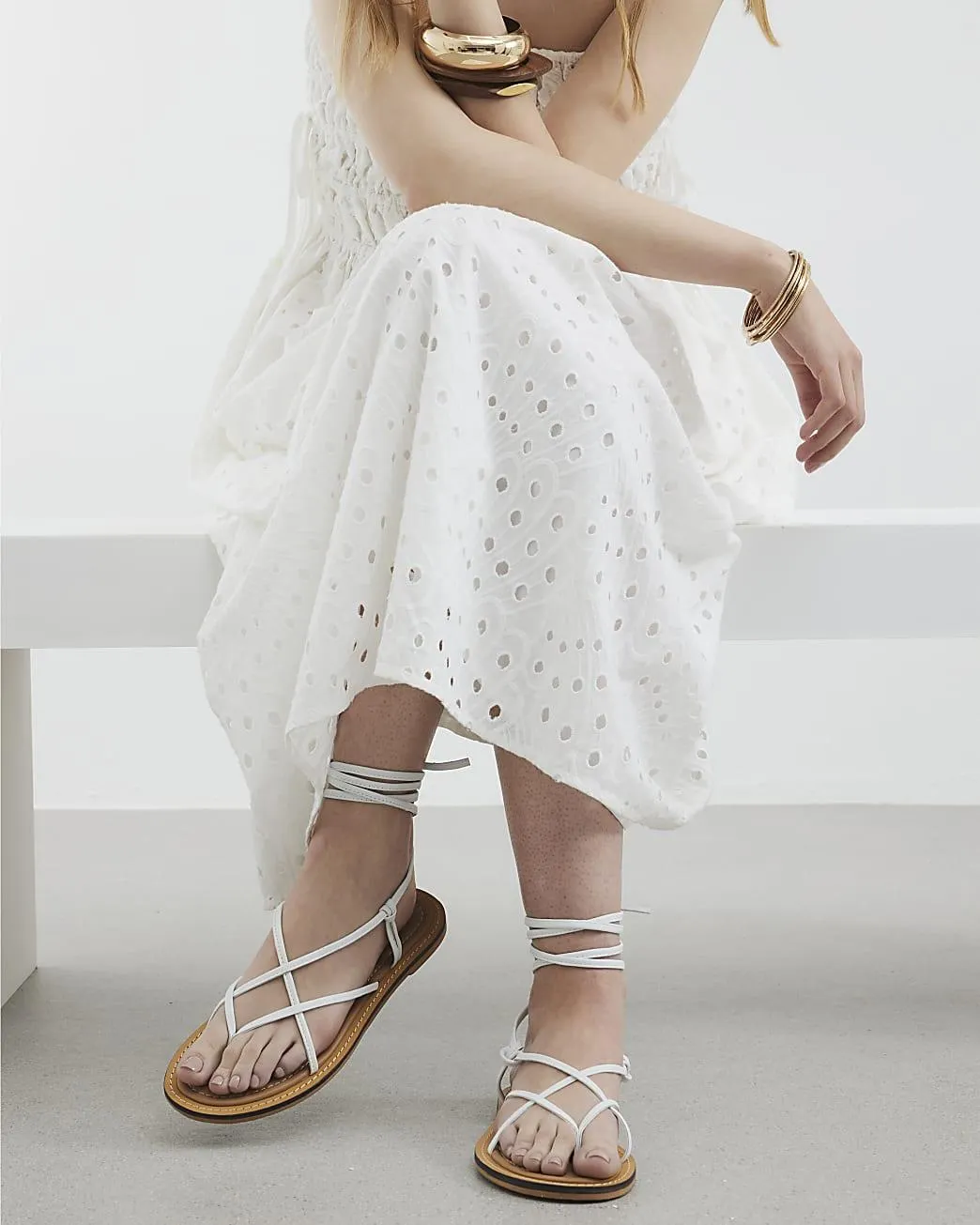 White Leather Strappy Tie Up Sandals