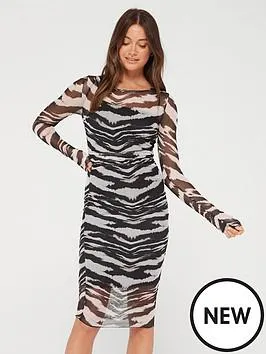 Zebra Mesh Ruched Long Sleeve Midaxi Dress
