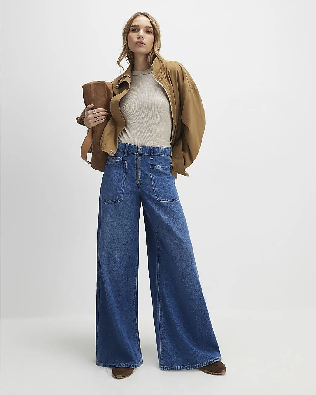 Blue High Waisted Zip Front Wide Leg Jeans