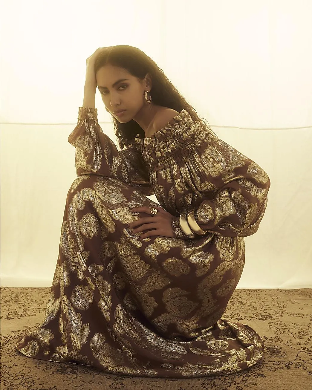 Brown Ruffled Gold Detail Bardot Maxi Dress