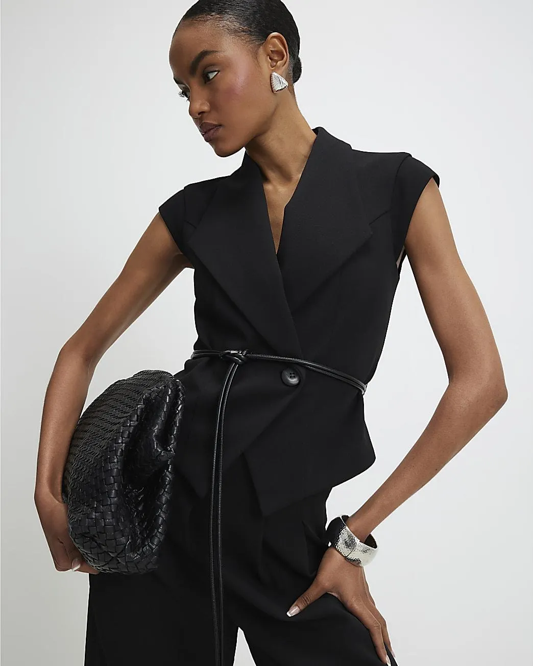 Black Sleeveless Belted Waistcoat
