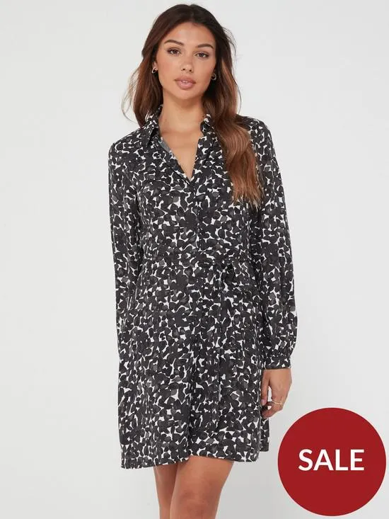 Open Collar Mono Print Button Through Dress - Print