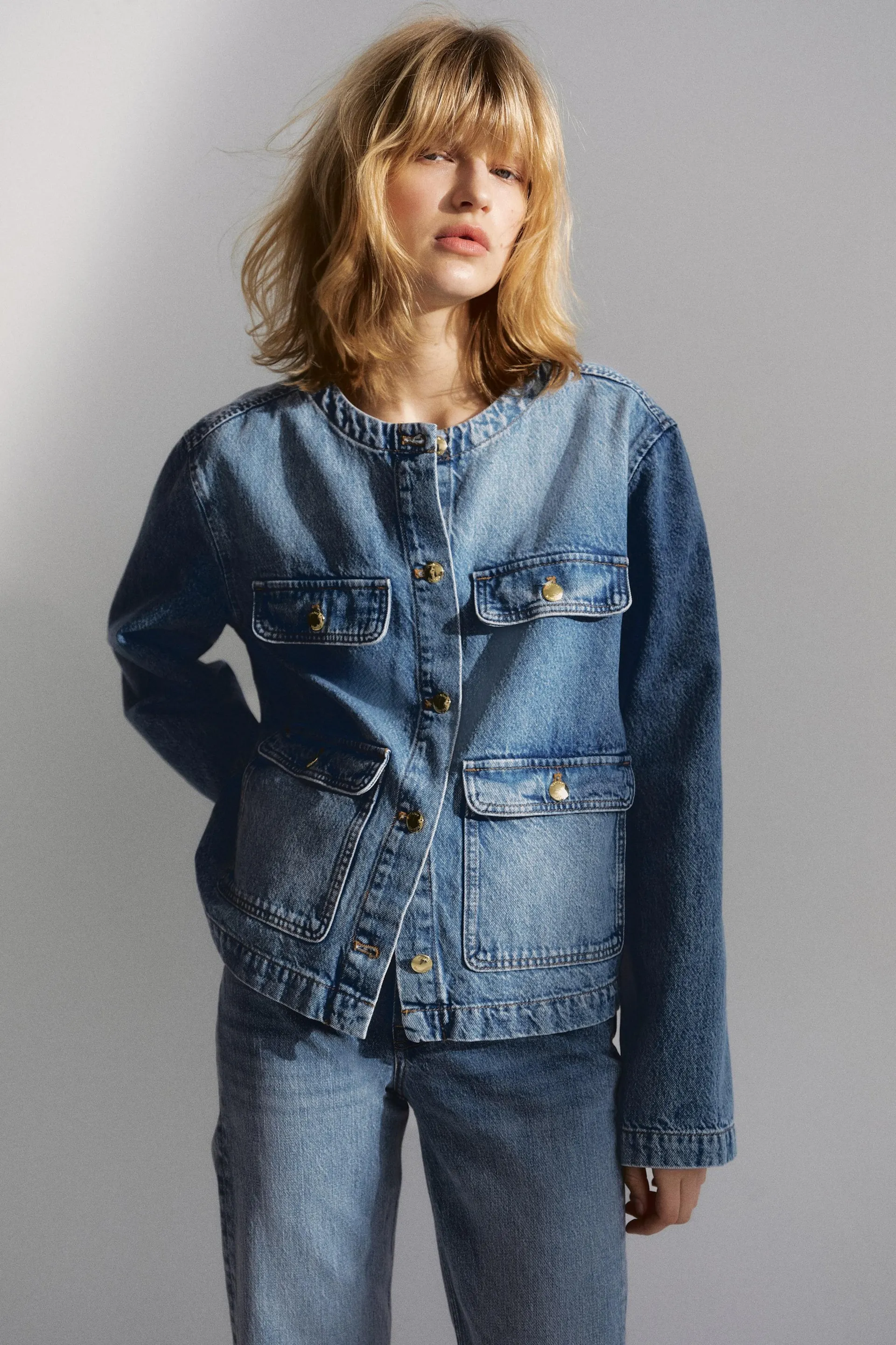 Collarless denim jacket