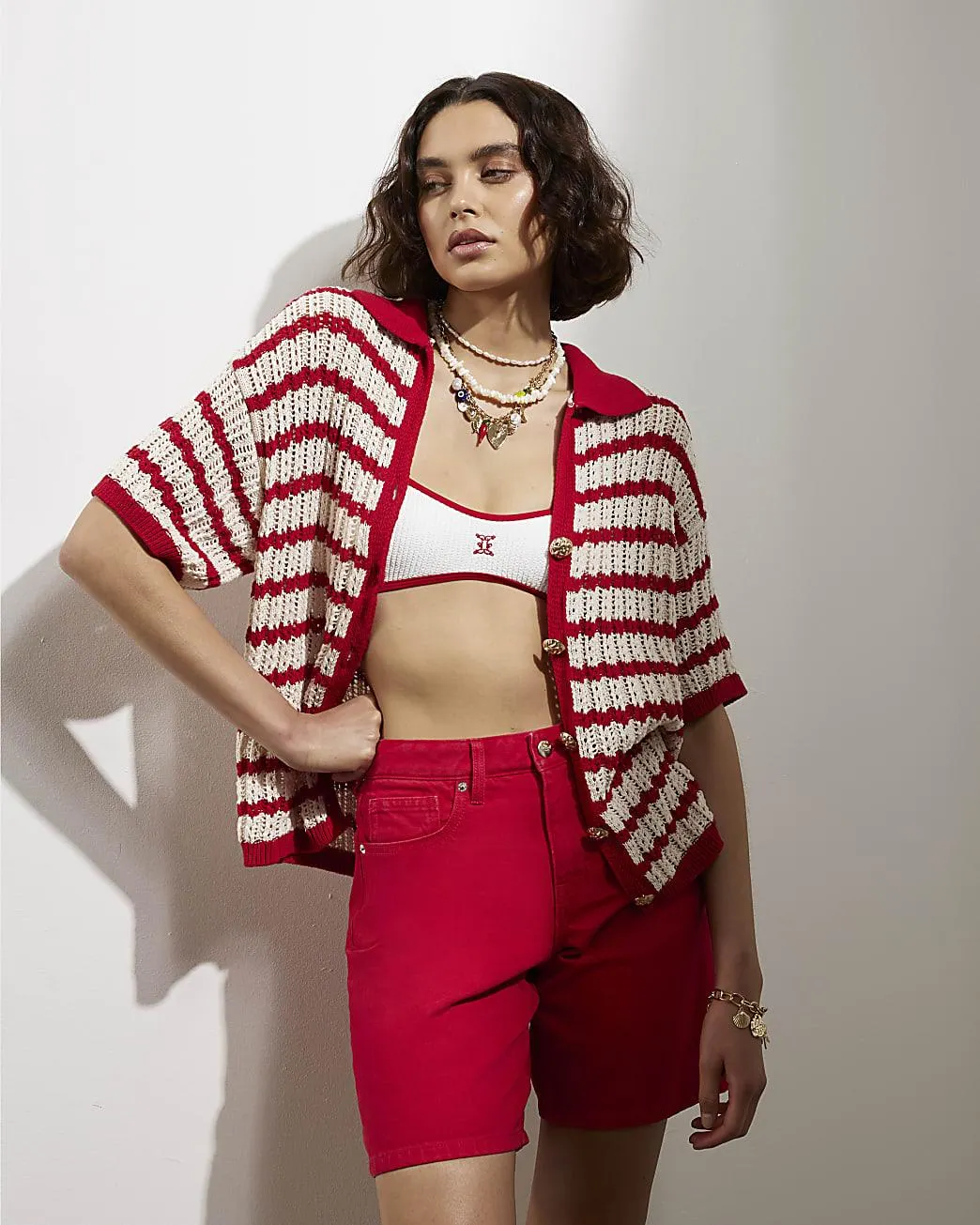 Red Denim Longline Bermuda Shorts