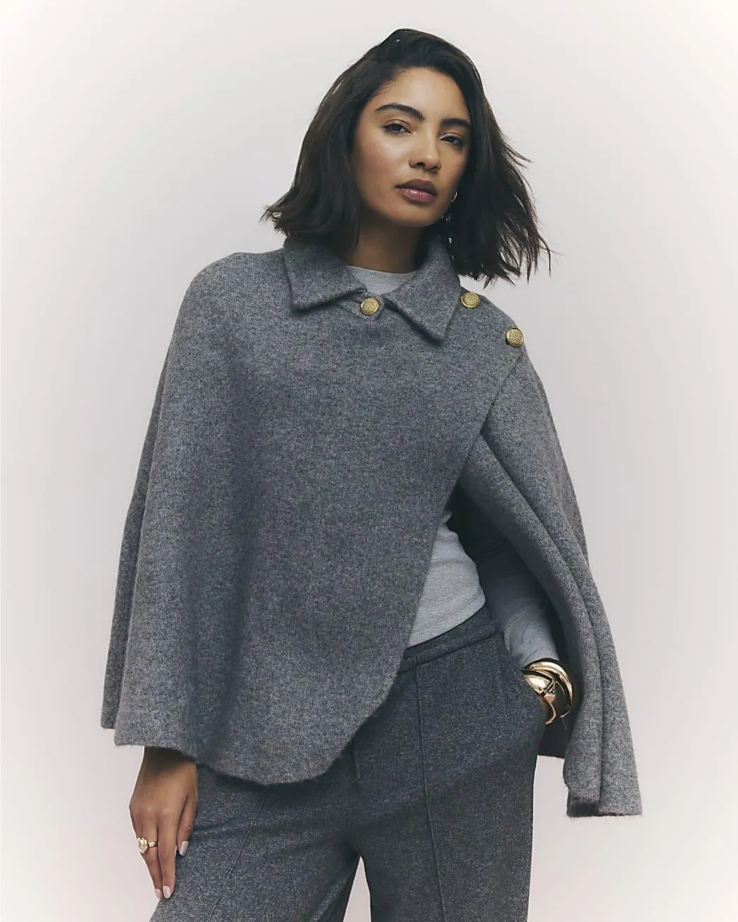 Grey Knitted Wrap Button Cape
