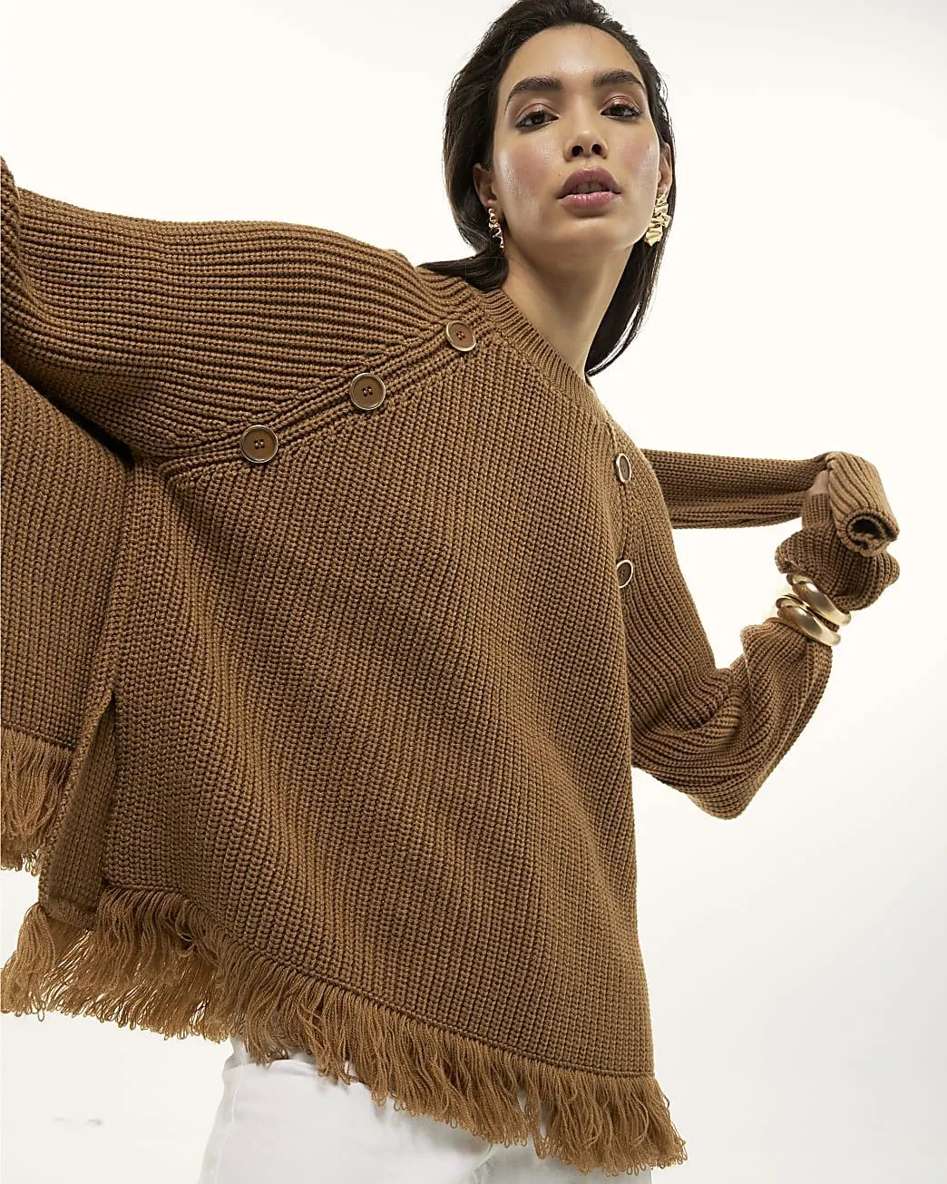 Brown Knitted Long Sleeve Fringed Hem Jumper
