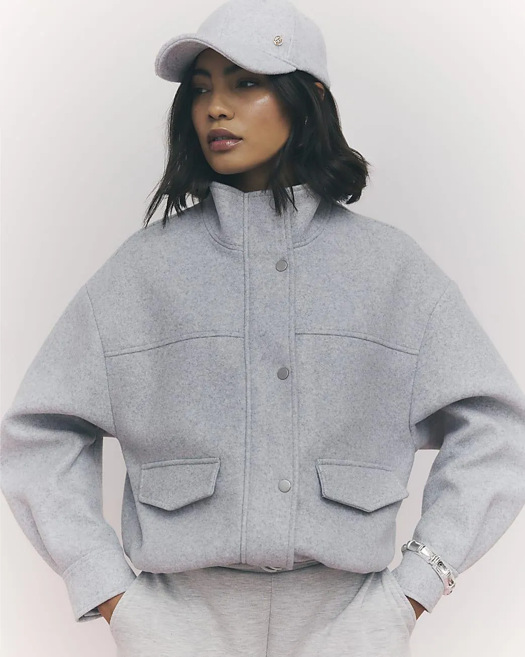 Grey Funnel Neck Bomber Jacket