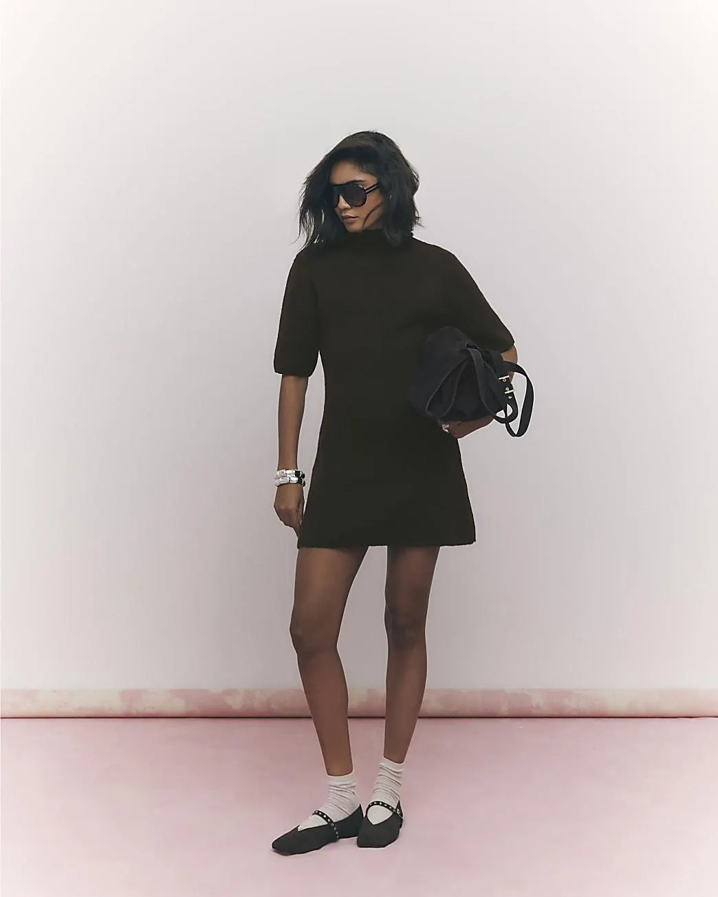 Brown High Neck Cosy Mini Dress