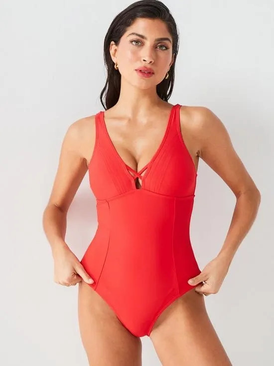 Shape Enhancing Seam Detail Cross Front Swimsuit - Red