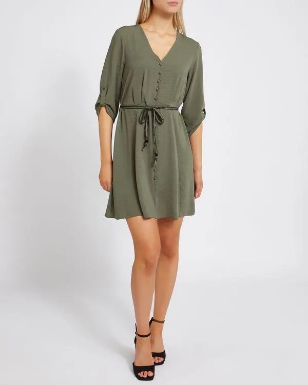 Mini Button Tie Belted Khaki Dress