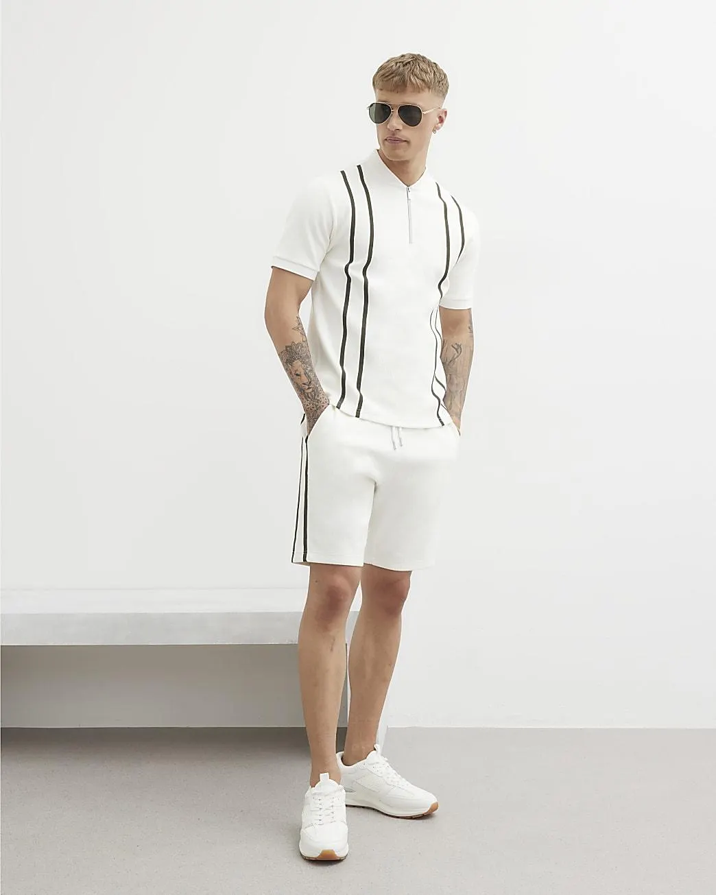 White Slim Fit Taped Shorts