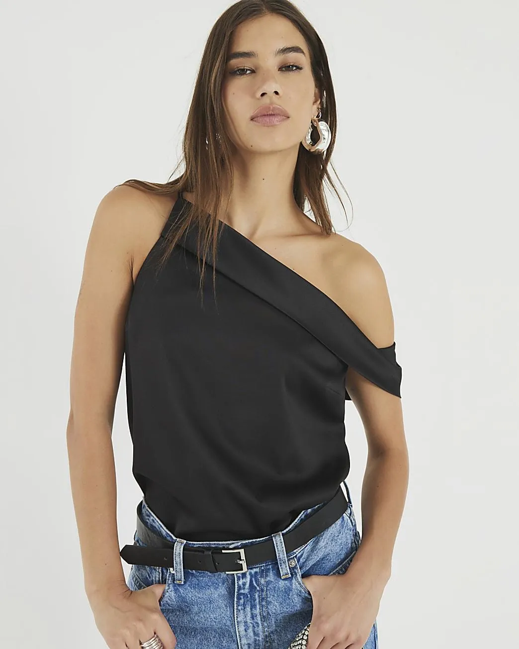 Black Satin One Shoulder Top