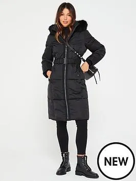 Long Line Sateen Padded Coat - Black