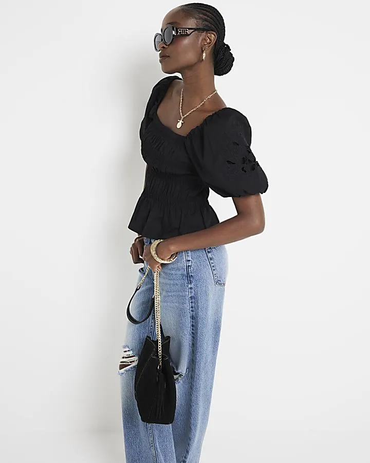 Black shirred puff sleeve blouse