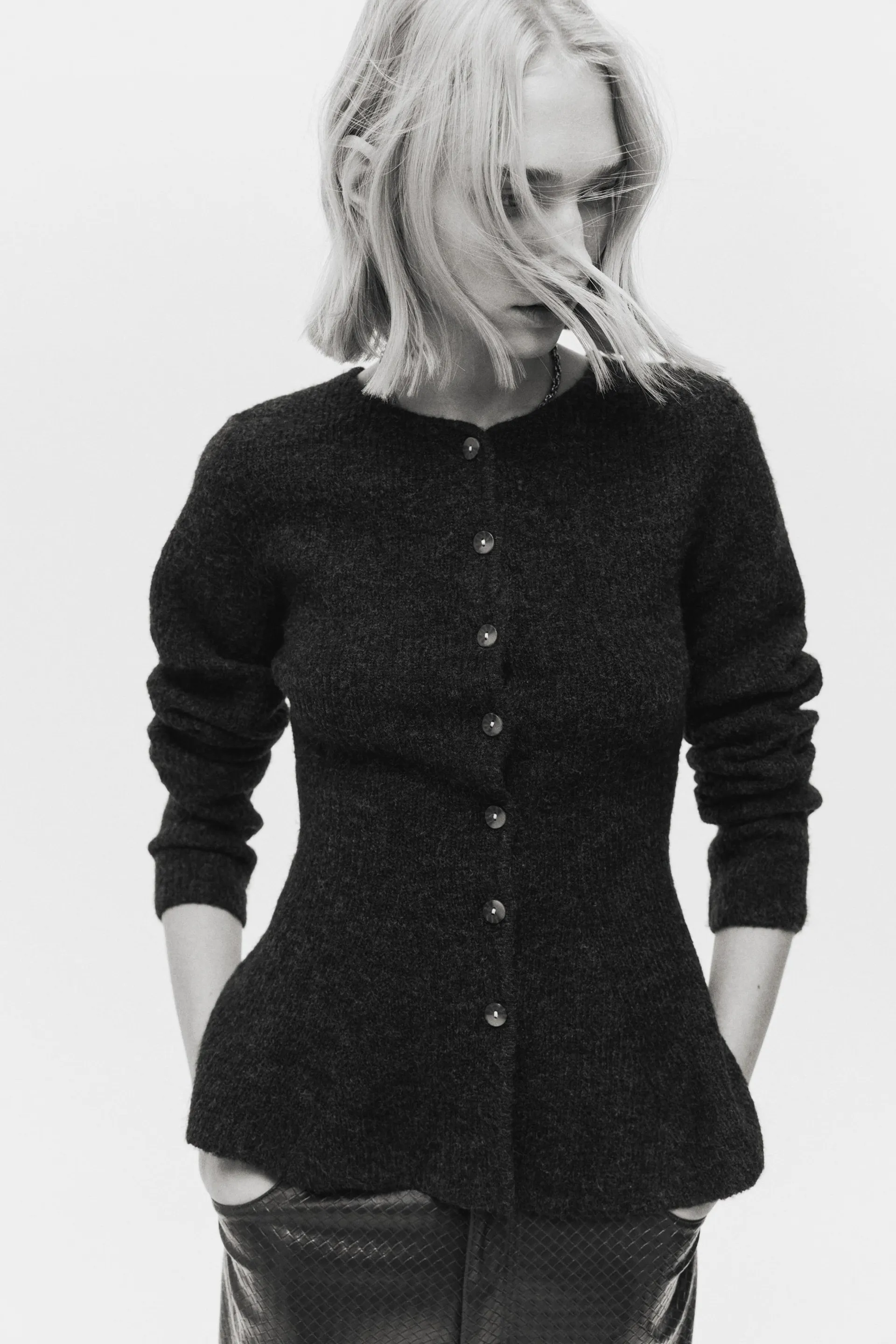 Rib-knit peplum cardigan