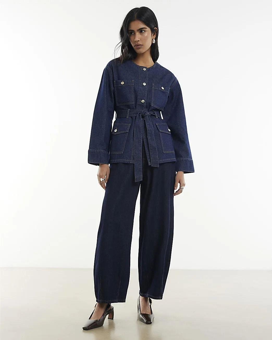 Blue Pull On Barrel Leg Jeans