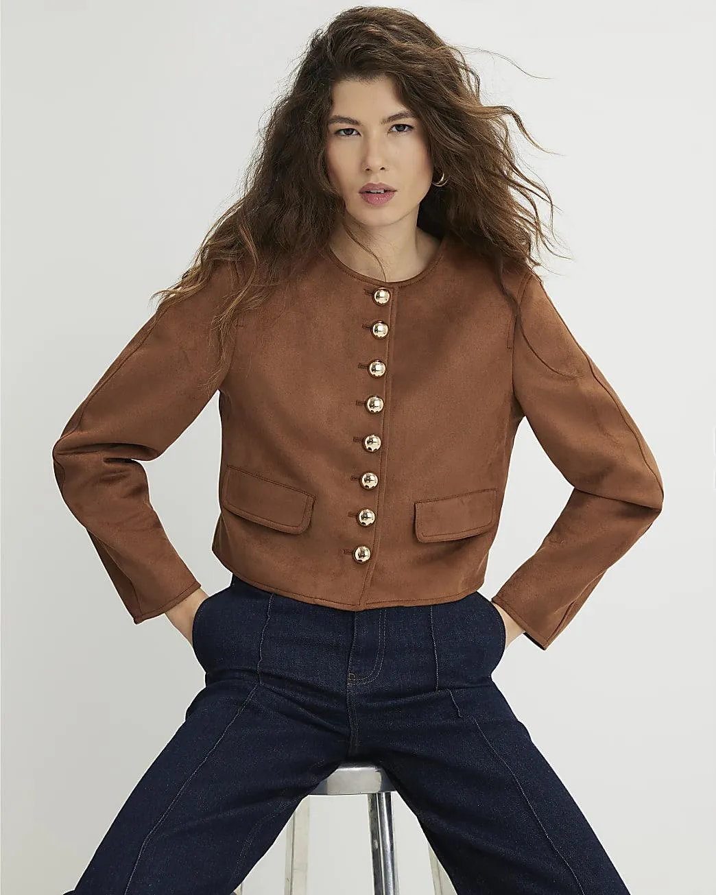 Brown Faux Suede Button Up Trophy Jacket