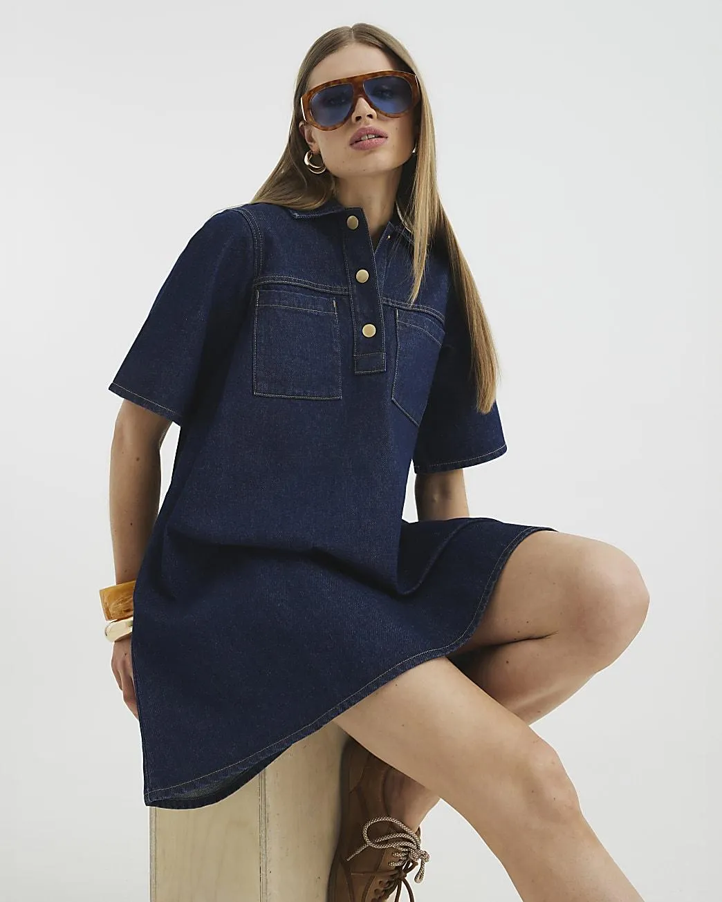 Blue Denim Shirt Collar Mini Dress
