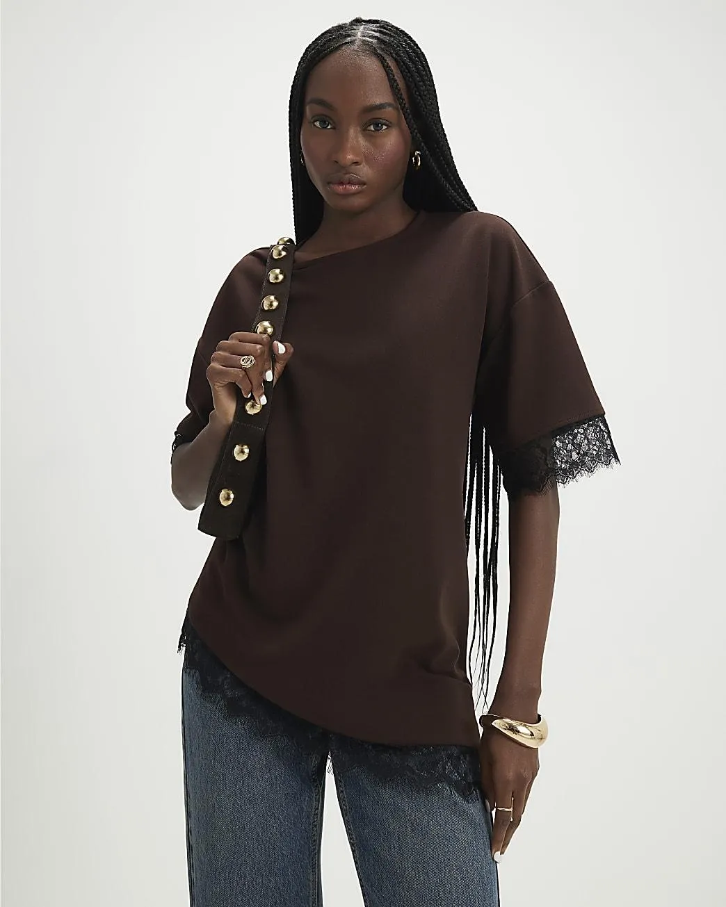 Brown Short Sleeve Lace Trim Asymmetric Top