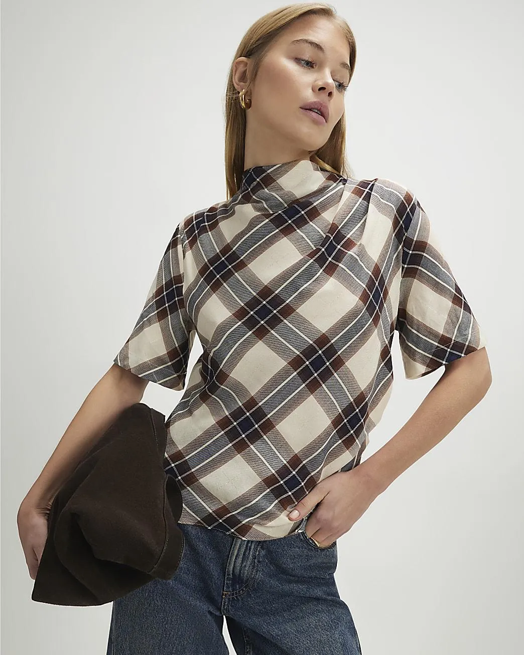 Cream Tartan Print Short Sleeve Top