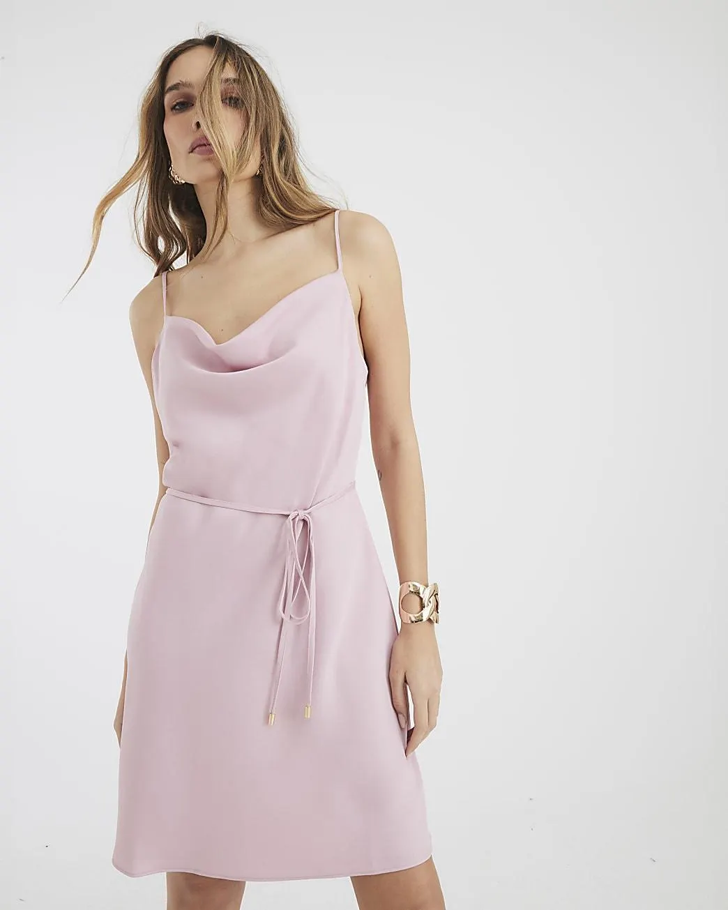 Pink Cowl Neck Belted Slip Mini Dress