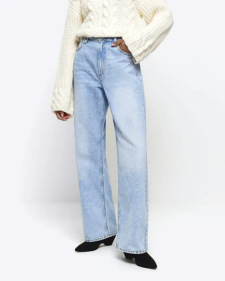 Blue high waisted relaxed straight leg jeans